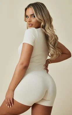 PrettyLittleThing Unitards*Structured Snatched Rib Scoop Neck Short Sleeve Unitard