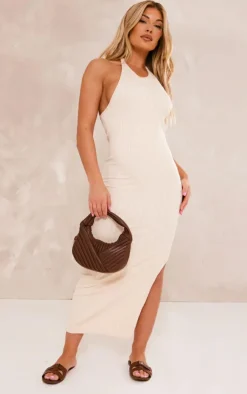PrettyLittleThing Snatched*Structured Snatched Rib Halterneck Scoop Maxi Dress