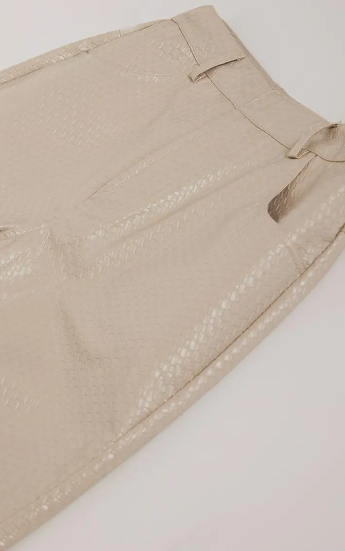 Ecru Textured Faux Leather Straight Leg Pants
