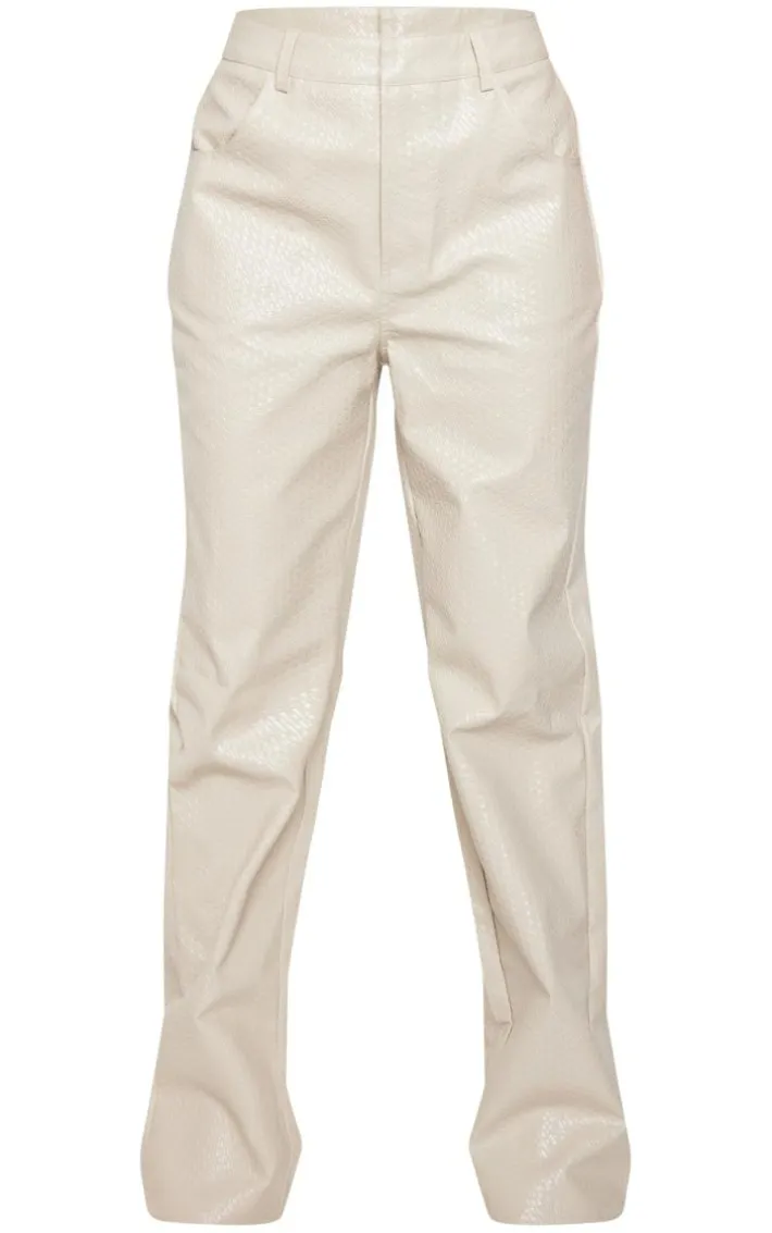 Ecru Textured Faux Leather Straight Leg Pants