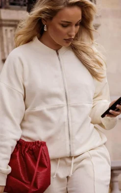 New PrettyLittleThing Washed Seam Detail Zip Through Sweatshirt Ecru