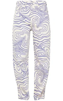 Ecru Wave Print Straight Leg Jeans