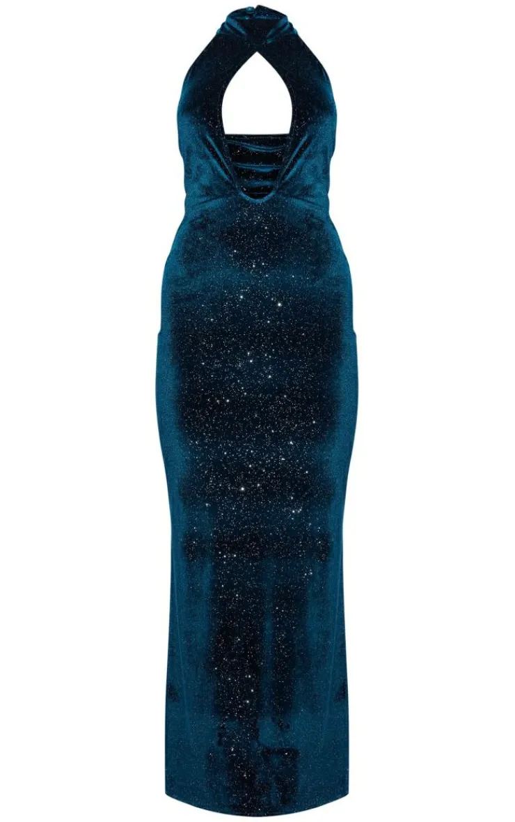 Glitter Velvet Halterneck Cut Out Maxi Dress-PrettyLittleThing Best
