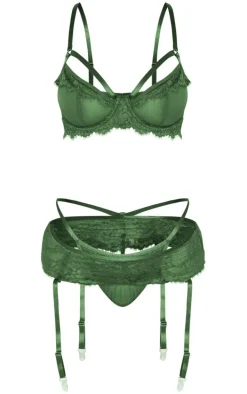 Emerald Green Lace 3 Piece Lingerie Set