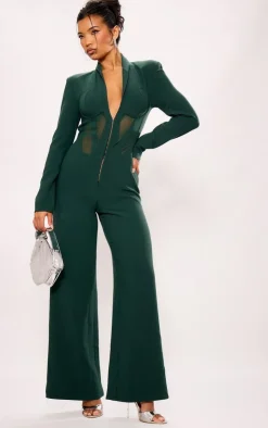 PrettyLittleThing Christmas Party Outfits*Mesh Panel Tailored Wide Leg Jumpsuit
