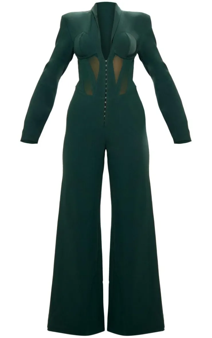 PrettyLittleThing Christmas Party Outfits*Mesh Panel Tailored Wide Leg Jumpsuit