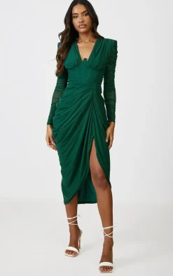 Mesh Ruched Long Sleeve Draped Midi Dress-PrettyLittleThing