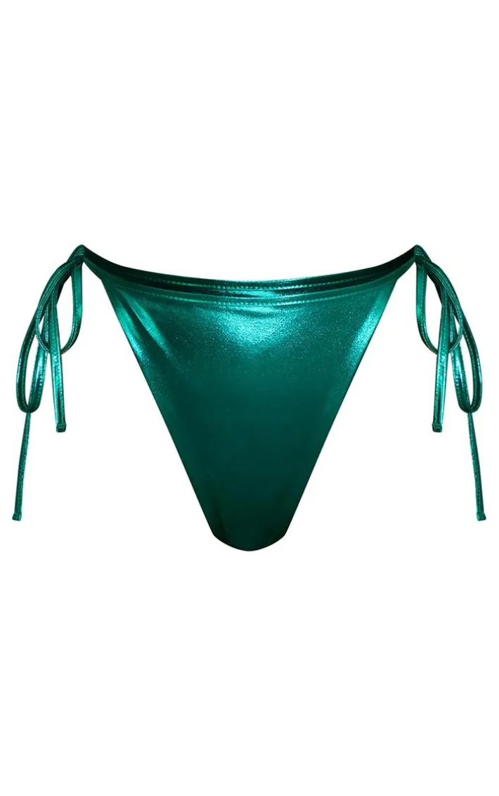 Emerald Green Metallic Tie Side Bikini Bottoms