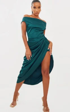 Satin Off The Shoulder Draped Skirt Midi Dress-PrettyLittleThing Hot