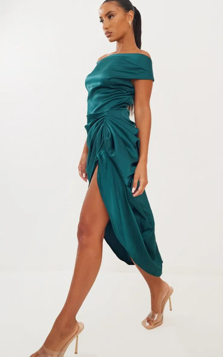 Satin Off The Shoulder Draped Skirt Midi Dress-PrettyLittleThing Hot