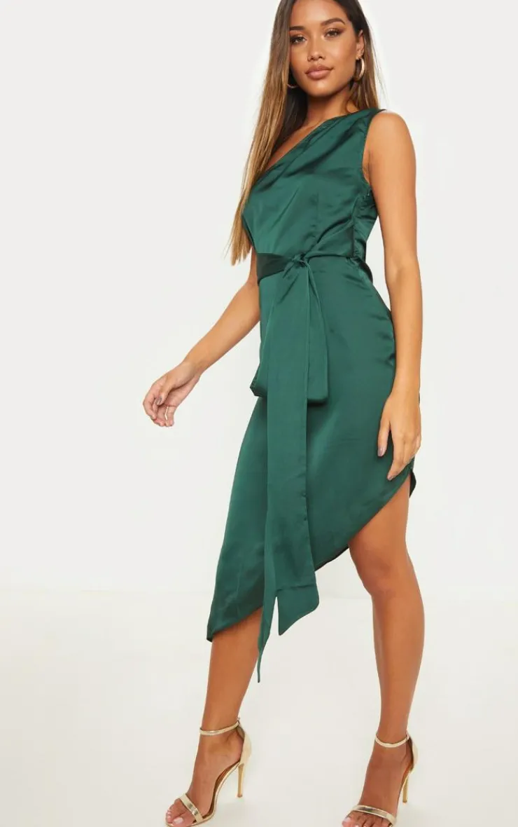 Satin One Shoulder Tie Waist Asymmetric Hem Midi Dress-PrettyLittleThing Sale