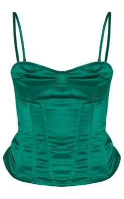 Discount PrettyLittleThing Satin Woven Cup Detail Strappy Corset Emerald Green