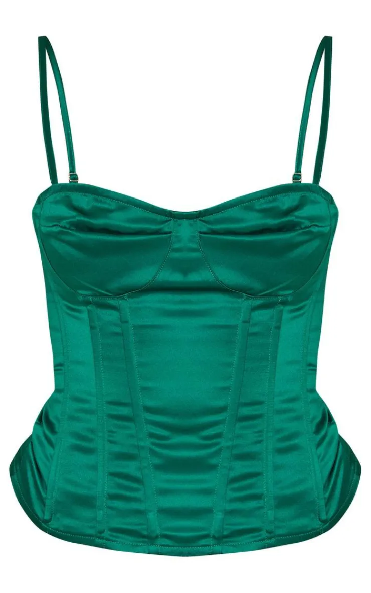 Discount PrettyLittleThing Satin Woven Cup Detail Strappy Corset Emerald Green