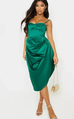 Discount PrettyLittleThing Satin Woven Cup Detail Strappy Corset Emerald Green