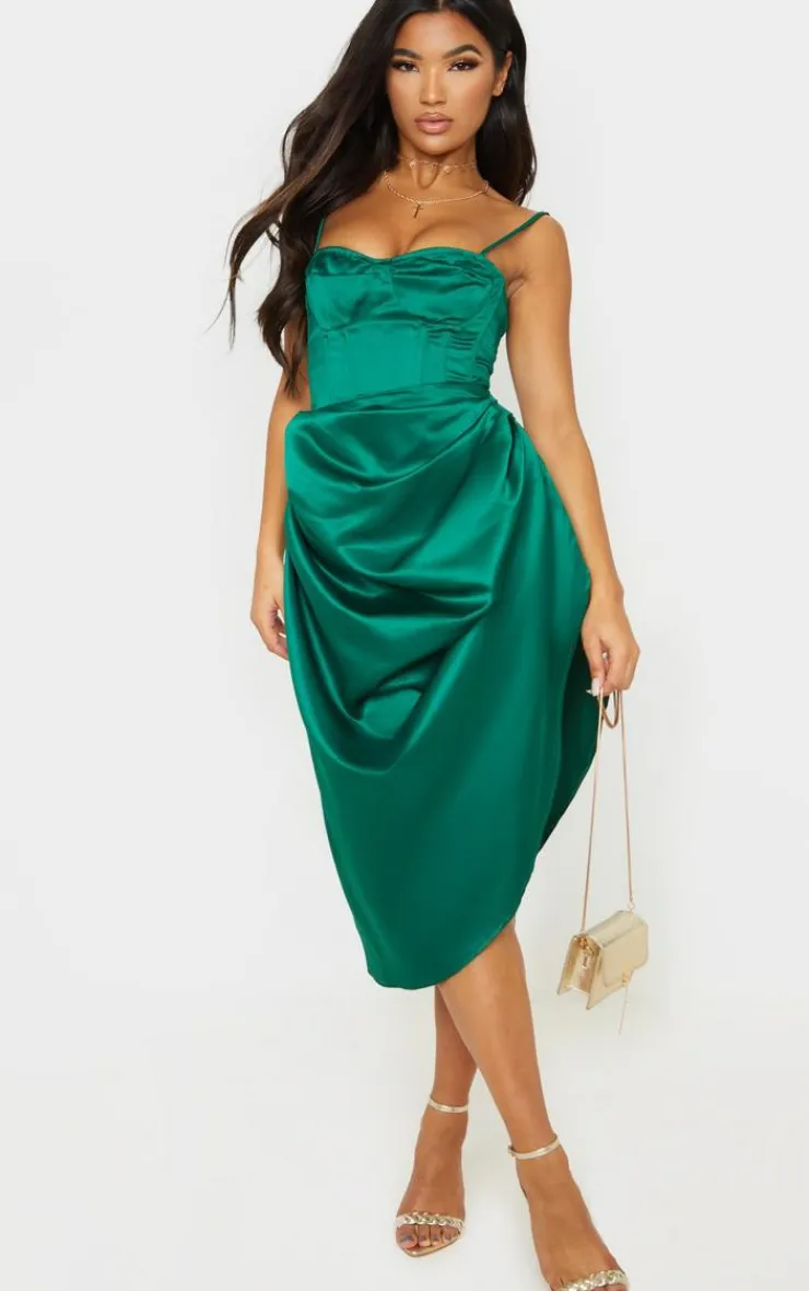 Discount PrettyLittleThing Satin Woven Cup Detail Strappy Corset Emerald Green