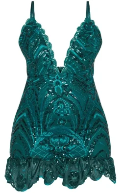 Sequin Lace Frill Hem Bodycon Dress-PrettyLittleThing Online