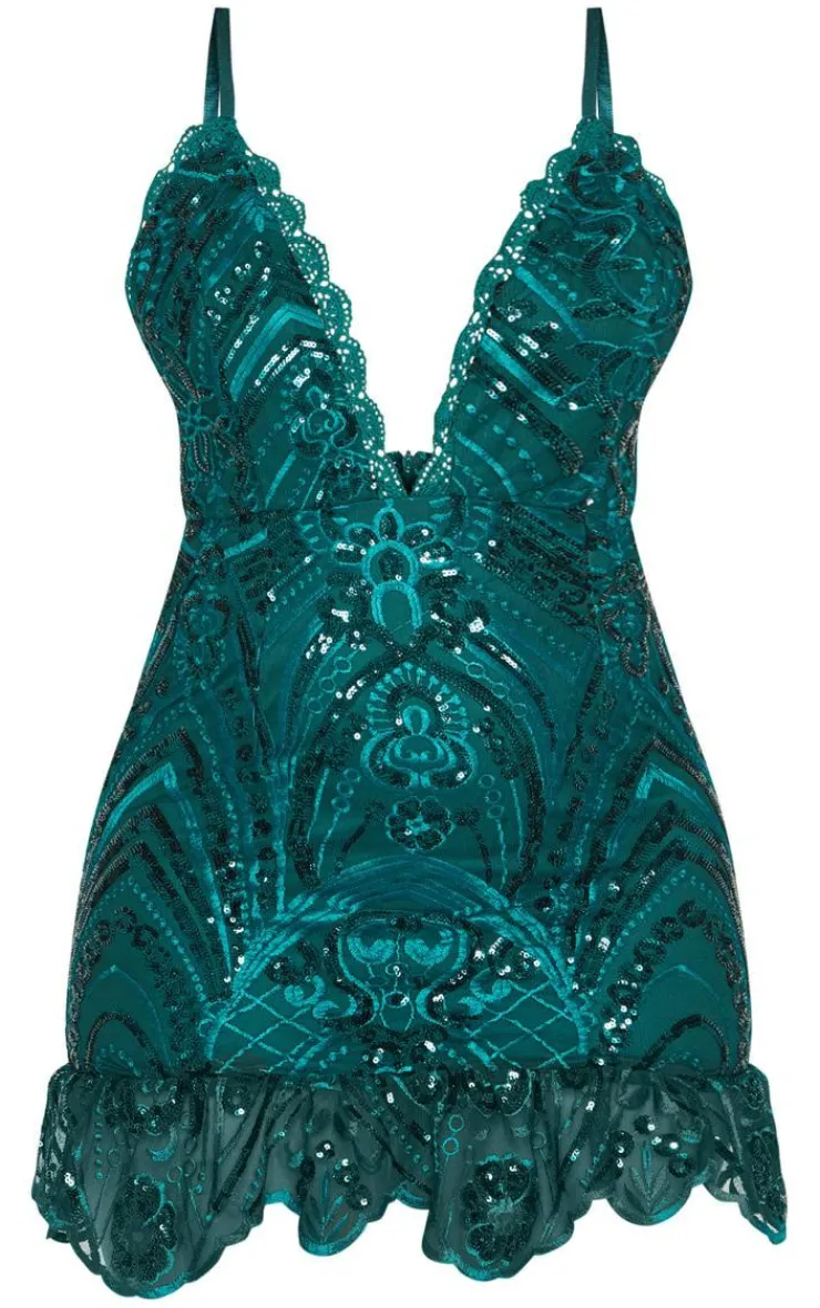 Sequin Lace Frill Hem Bodycon Dress-PrettyLittleThing Online