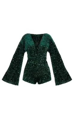 PrettyLittleThing Christmas Shop*Sequin Plunge Tie Flared Sleeve Romper