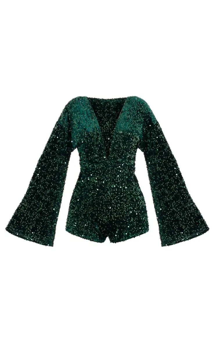 PrettyLittleThing Christmas Shop*Sequin Plunge Tie Flared Sleeve Romper