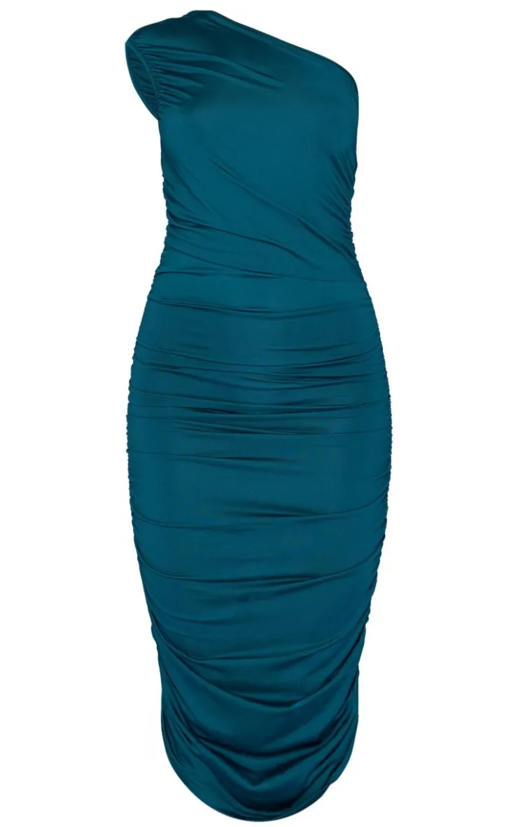 Slinky One Shoulder Ruched Longline Midi Dress-PrettyLittleThing Discount