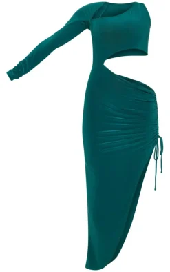 Slinky One Sleeve Cut Out Ruched Midi Dress-PrettyLittleThing Online