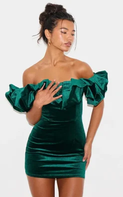 Velvet Bardot Ruffle Bodycon Dress-PrettyLittleThing Discount