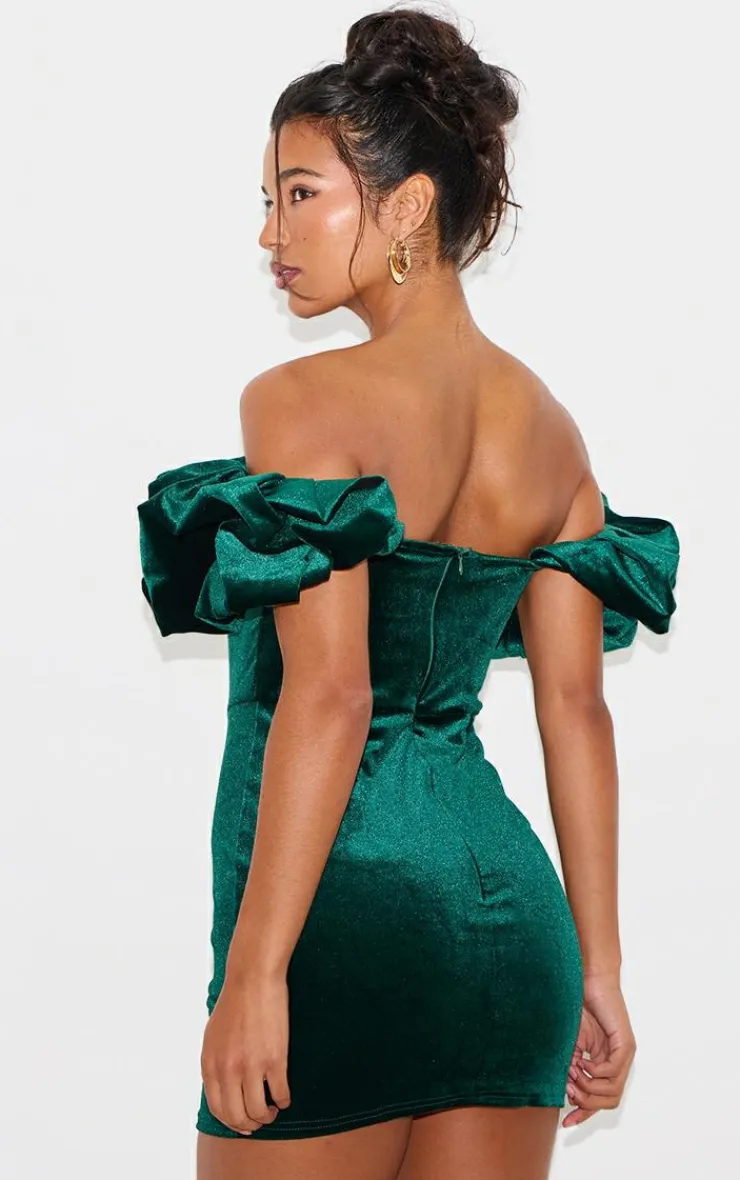 Velvet Bardot Ruffle Bodycon Dress-PrettyLittleThing Discount