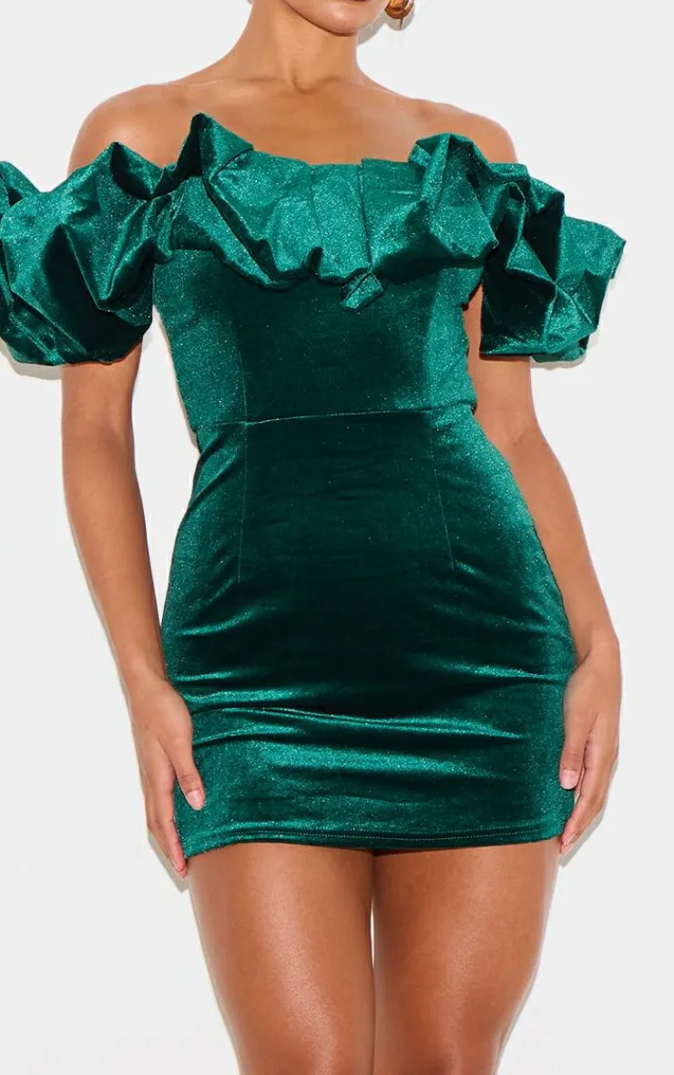 Velvet Bardot Ruffle Bodycon Dress-PrettyLittleThing Discount