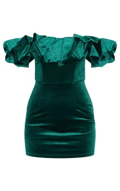 Velvet Bardot Ruffle Bodycon Dress-PrettyLittleThing Discount
