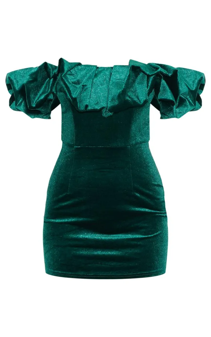 Velvet Bardot Ruffle Bodycon Dress-PrettyLittleThing Discount