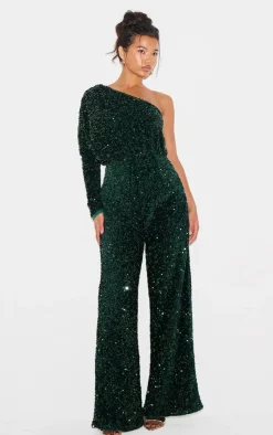 Velvet Sequin One Shoulder Wide Leg Jumpsuit-PrettyLittleThing Outlet