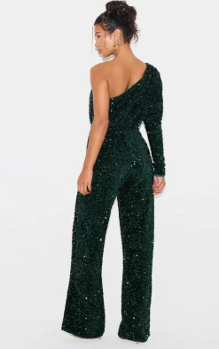 Velvet Sequin One Shoulder Wide Leg Jumpsuit-PrettyLittleThing Outlet