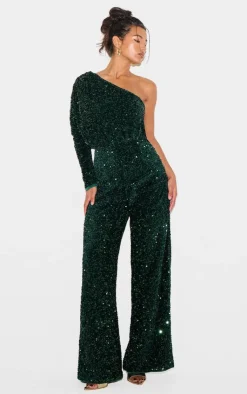 Velvet Sequin One Shoulder Wide Leg Jumpsuit-PrettyLittleThing Outlet