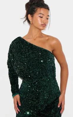 Velvet Sequin One Shoulder Wide Leg Jumpsuit-PrettyLittleThing Outlet