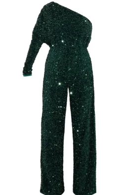 Velvet Sequin One Shoulder Wide Leg Jumpsuit-PrettyLittleThing Outlet