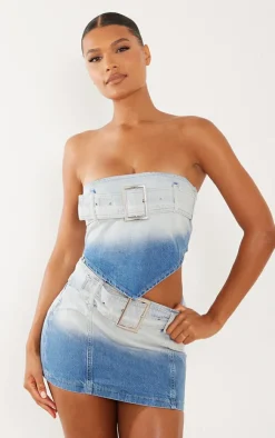 Outlet PrettyLittleThing Faded Belted Denim Top Mid Blue Wash
