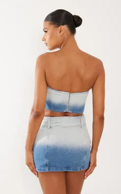 Outlet PrettyLittleThing Faded Belted Denim Top Mid Blue Wash