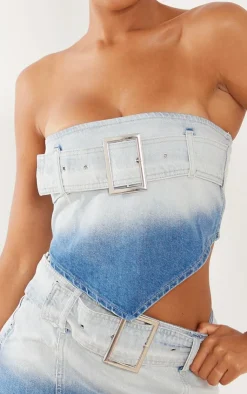 Outlet PrettyLittleThing Faded Belted Denim Top Mid Blue Wash