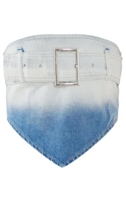 Outlet PrettyLittleThing Faded Belted Denim Top Mid Blue Wash