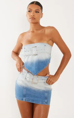 Best PrettyLittleThing Faded Belted Denim Mini Skirt Mid Blue Wash