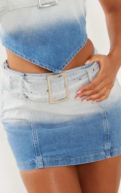 Best PrettyLittleThing Faded Belted Denim Mini Skirt Mid Blue Wash