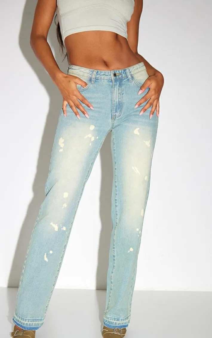Faded Vintage Wash Splattered Effect Straight Leg Jeans