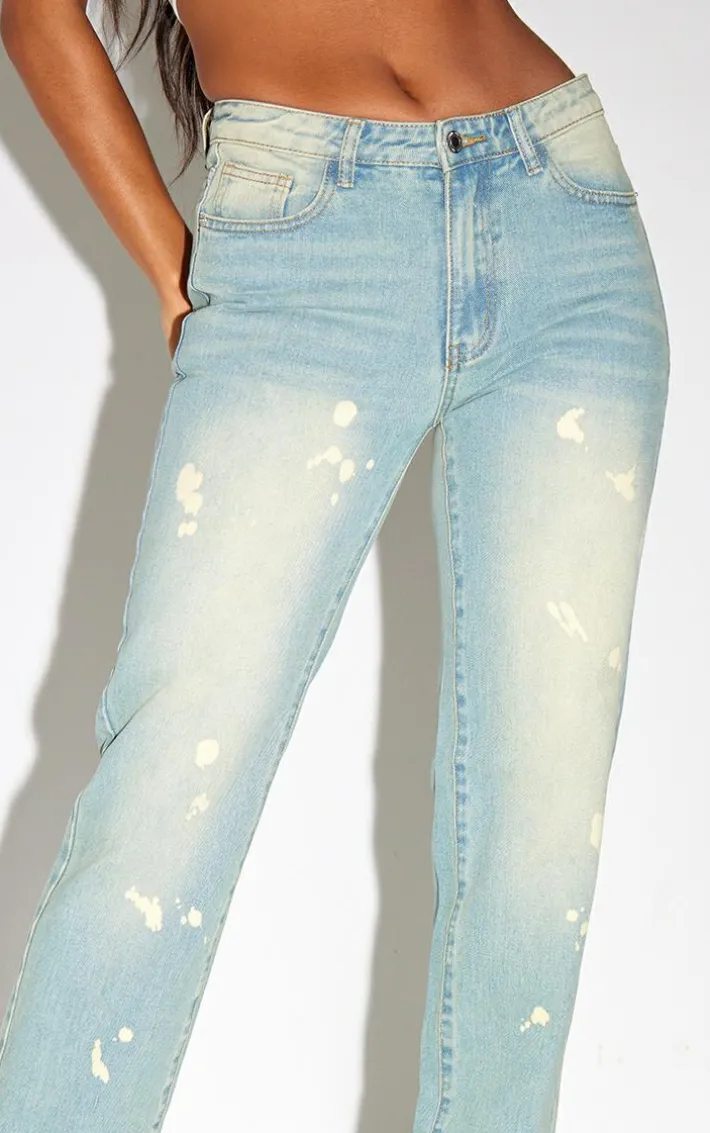 Faded Vintage Wash Splattered Effect Straight Leg Jeans
