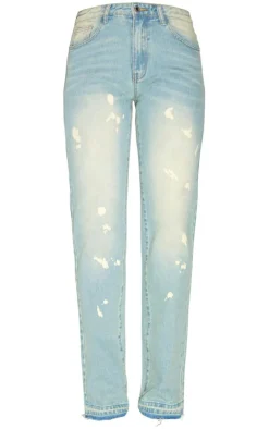 Faded Vintage Wash Splattered Effect Straight Leg Jeans