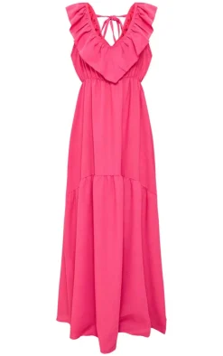 Fuchsia Linen V Neck Ruffle Maxi Dress-PrettyLittleThing