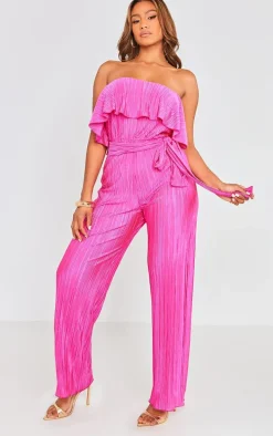 Fuchsia Plisse Tie Waist Tube Jumpsuit