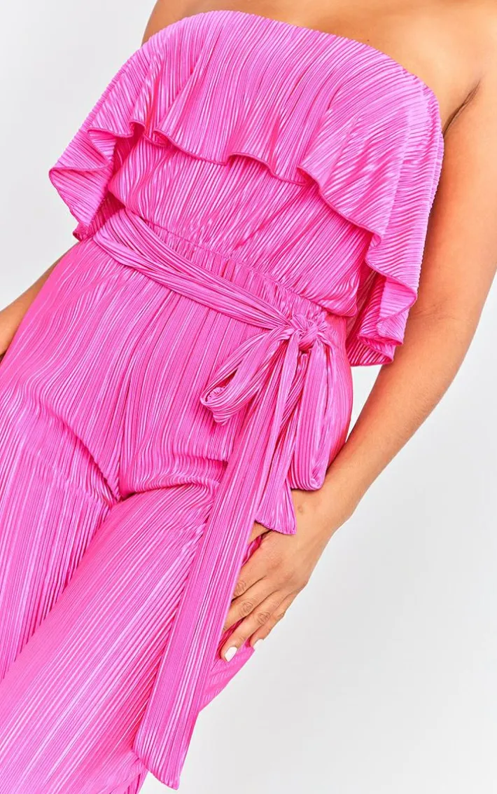 Fuchsia Plisse Tie Waist Tube Jumpsuit