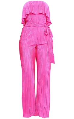 Fuchsia Plisse Tie Waist Tube Jumpsuit