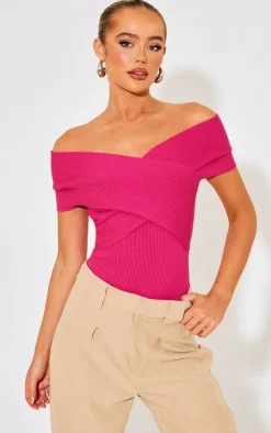 PrettyLittleThing Knitted Tops*Fuchsia Rib Knit Foldover Twist Bodysuit