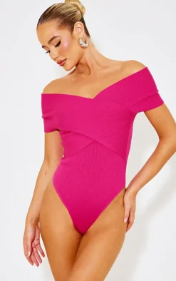 PrettyLittleThing Knitted Tops*Fuchsia Rib Knit Foldover Twist Bodysuit
